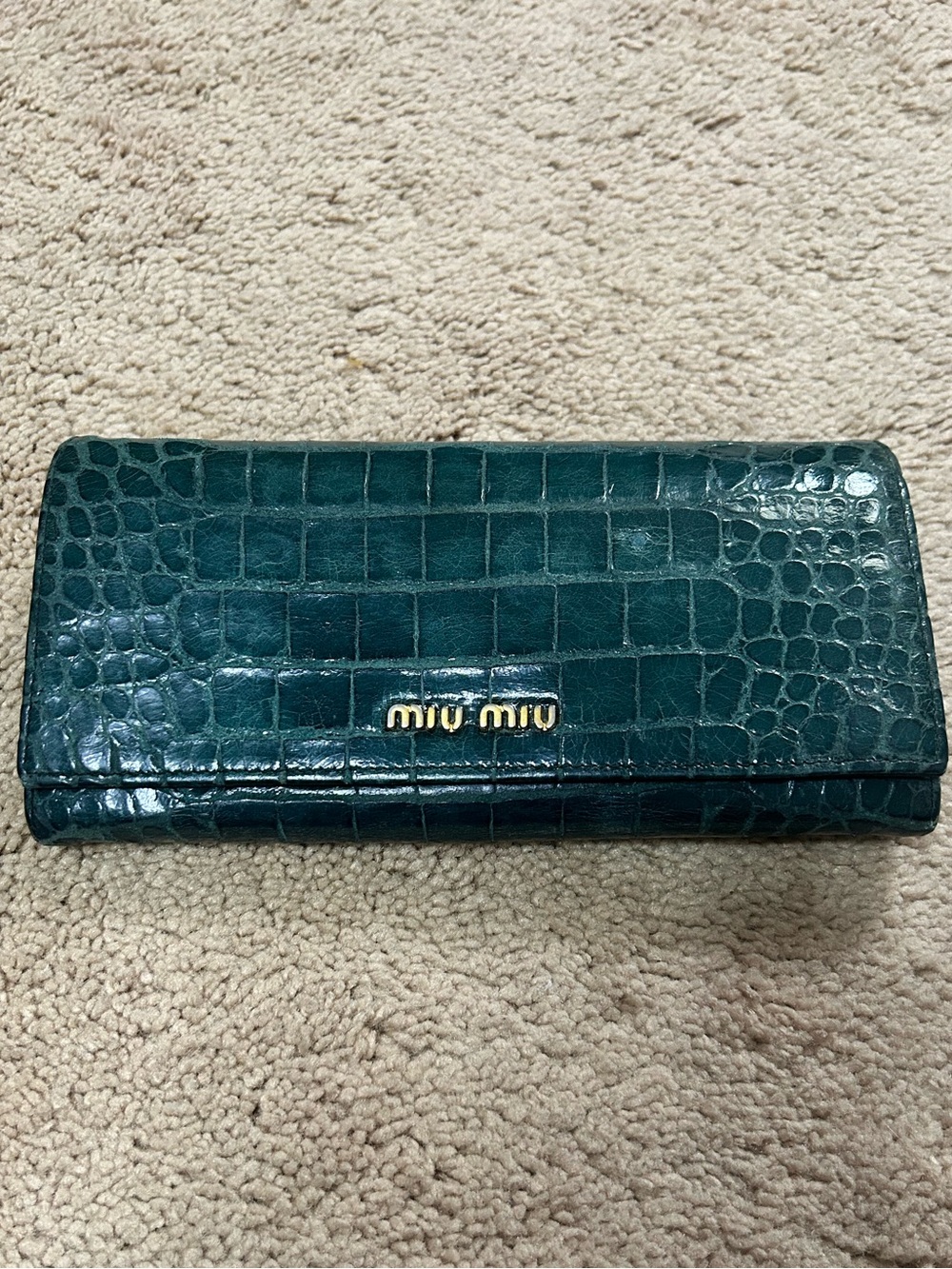 Miu Miu Croc-Embossed Fold Wallet (double snap) in Deep Teal with Gold Logo